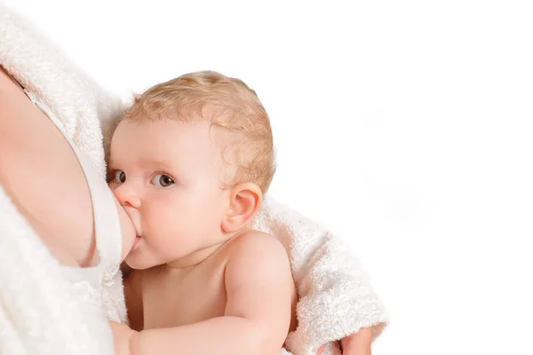 Little child baby breastfeeding isolated on white — Stock Photo, Image