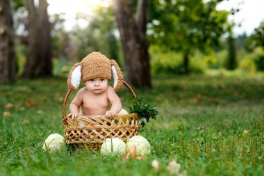 Sevimli küçük oğlu ile tavşan sepet lahana ve havuç ile çimenlere oturup takım elbise. Doğa park arka plan
