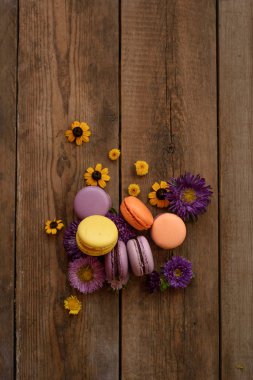 Renkli Macarons ve ahşap masa arka plan üzerinde çiçekler. Fransız tatlı taze çiçekler ile. Üstten Görünüm. Sonbahar konsepti