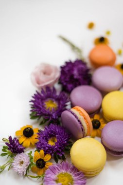 Beyaz bir arka plan üzerinde macarons ve çiçek çelenk. Renkli Fransız tatlı taze çiçekler ile. 