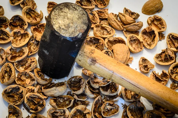 Upright Sledgehammer surrounded crushed walnuts