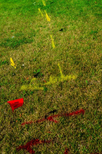 Underground gas and hydro utility marking and flags on a green l