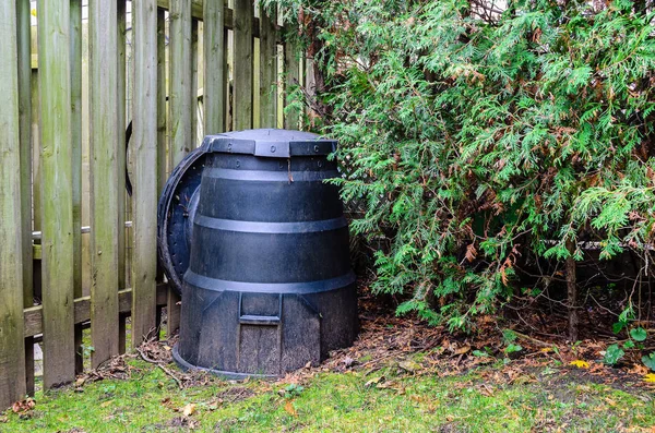 Backyard composter next to a fence and hedge — Stock Photo, Image