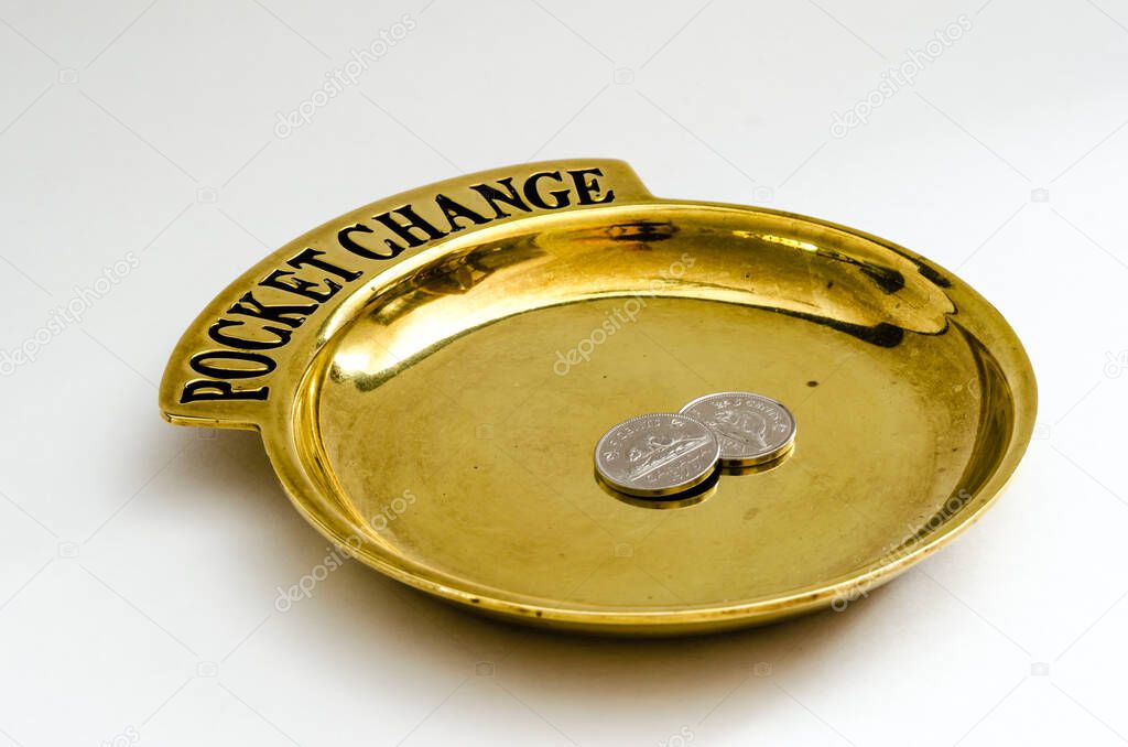 Brass Pocket Change tray with a pair of overlapping angled nickels on a white background.