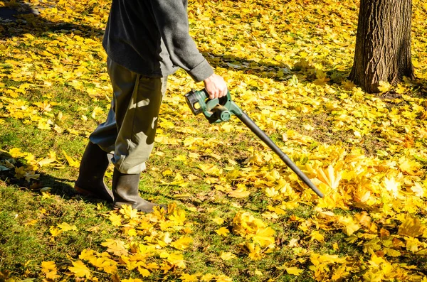 Man Using Leaf Blower Sunny Fall Day Extended Shadows Going — Stock Photo, Image