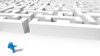 mavi kübik karakter labirent gidiyor. 3d illüstrasyon.