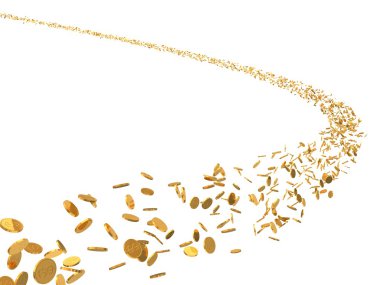 Uçan altın sikke sürüsü 3d illüstrasyon. beyaz arka plan üzerinde izole.