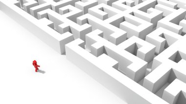 kırmızı kübik karakter labirent gidiyor. 3d illüstrasyon.