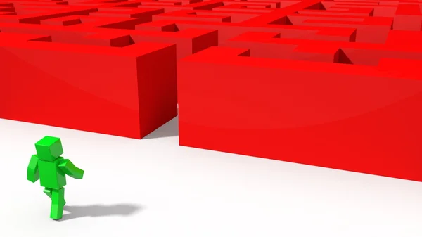 Green Cubic Character Going Red Labyrinth Illustration — Stock Photo, Image