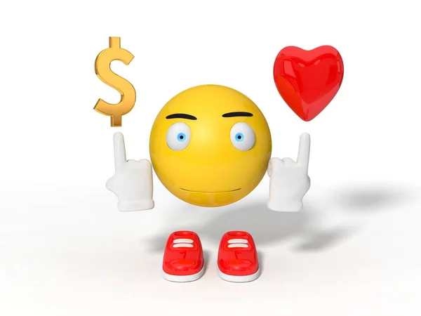 Simple yellow smiley ball character point out dollar symbol and — Stock Photo, Image