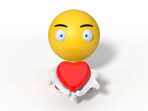 Simple yellow smiley ball character. giving red heart. 3d illust — Stock Photo, Image