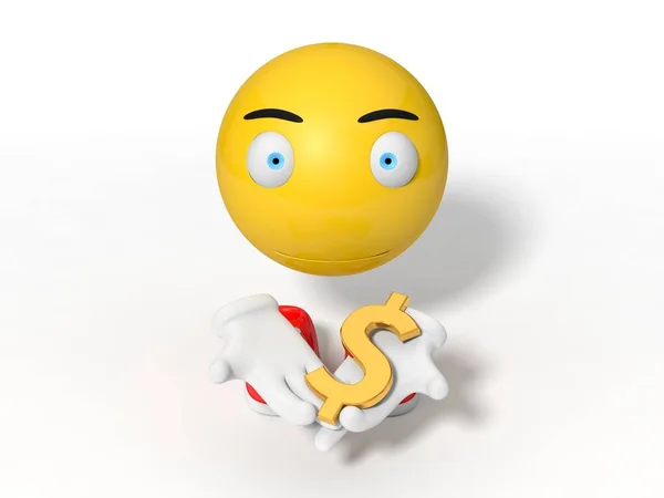 Carácter simple bola sonriente amarillo. dando símbolo de dólar. 3d il —  Fotos de Stock