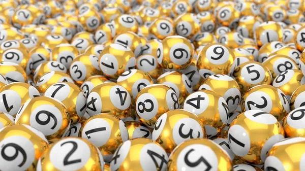 Golden lottery balls stack background. 3d illustration — Stock Photo, Image