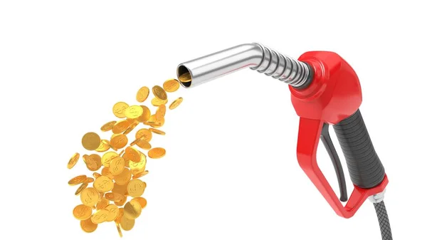 Rote Benzindüse, die Goldmünzen pumpt. 3D-Illusion — Stockfoto