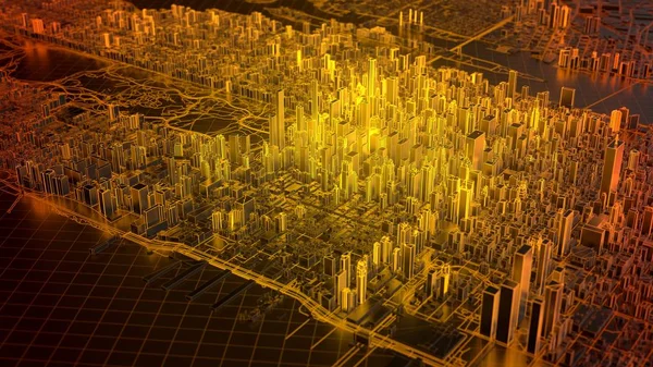 Ciudad digital de Nueva York con bordes brillantes calientes, ilustración 3d — Foto de Stock