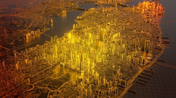 Ciudad digital de Nueva York con bordes brillantes calientes, ilustración 3d — Foto de Stock