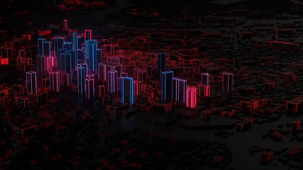 Ville numérique avec des bords lumineux rouges et bleus. Illustration 3d — Photo