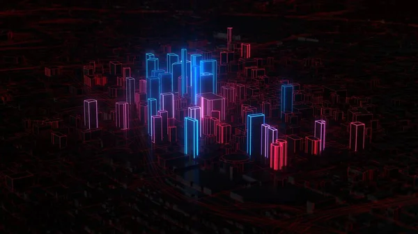 Ville numérique avec des bords lumineux rouges et bleus. Illustration 3d — Photo
