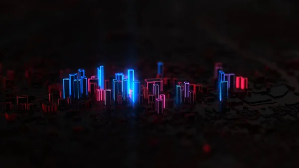 Città digitale con bordi luminosi rossi e blu. Illustrazione 3d — Foto Stock