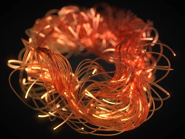 Tangled fiber optic strings with glowing ends, 3D illustration — Stock Photo, Image