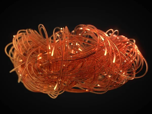 Tangled fiber optic strings with glowing ends, 3D illustration — Stock Photo, Image