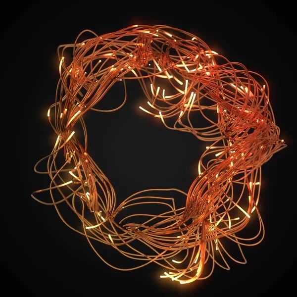Cuerdas de fibra óptica enredadas con extremos brillantes, ilustración 3D —  Fotos de Stock