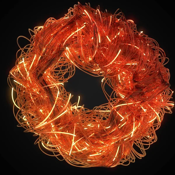 tangled fiber optic strings with glowing ends, 3D illustration