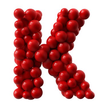 K harfi kırmızı renkli parlak toplarla. gerçekçi vektör çizimi. Daktilo, alfabe veya harf kullanımı için uygun.