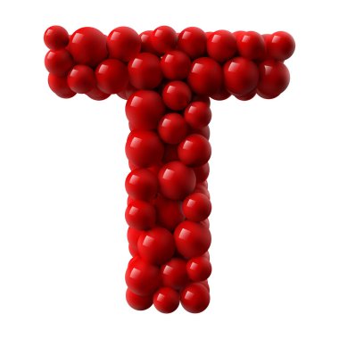 T harfi kırmızı renkli parlak toplarla. gerçekçi vektör çizimi. Daktilo, alfabe veya harf kullanımı için uygun.