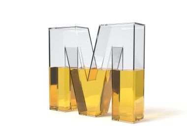 letter M shaped glass half filled with yellow liquid. suitable for fuel, oil, honey and any other liquid themes. 3d illustration clipart