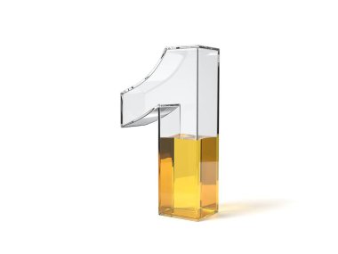 Number 1 shaped glass half filled with yellow liquid. suitable for fuel, oil, honey and any other liquid themes. 3d illustration clipart