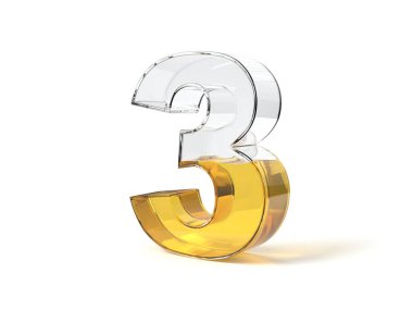 3 numaralı bardağın yarısı sarı sıvıyla dolu. Yakıt, yağ, bal ve diğer sıvı temalar için uygun. 3d illüstrasyon