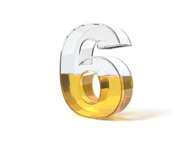 Number 6 shaped glass half filled with yellow liquid. suitable for fuel, oil, honey and any other liquid themes. 3d illustration clipart