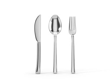 Çatal, bıçak ve kaşık takımı. Gümüş mutfak eşyalarının 3D çizimi