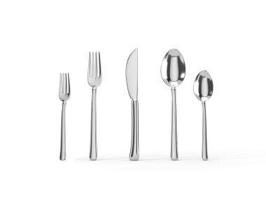 Çatal, bıçak ve kaşık takımı. Gümüş mutfak eşyalarının 3D çizimi