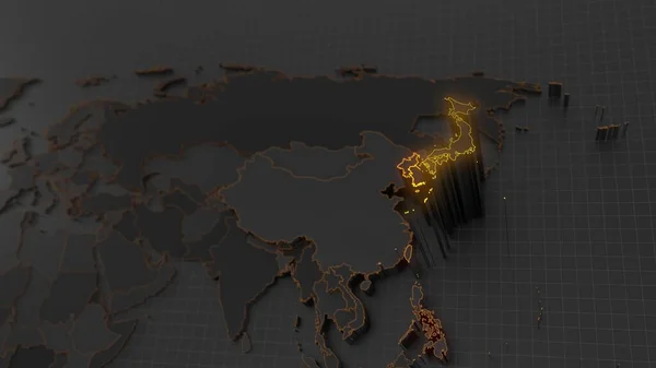 Rised Japan Mörk Världskarta Med Förhöjda Länder Och Glödande Höga — Stockfoto