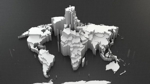 white world map with elevated countries. borders is gblack lined. 3d illustration