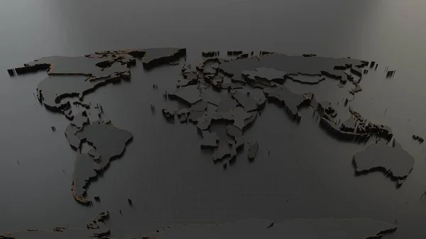 Ciemna Mapa Świata Podniesionymi Krajami Żółtymi Granicami Ilustracja — Zdjęcie stockowe