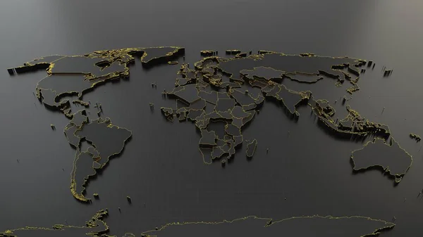 dark world map with elevated countries and glowing high energy borders. 3d illustration