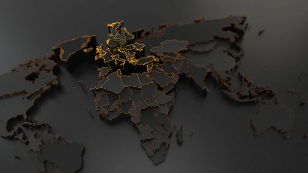 dark world map with elevated countries and glowing high energy borders. 3d illustration