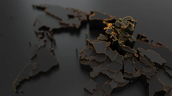 Sötét Világtérkép Magasan Fekvő Országokkal Ragyogó Magas Energiatartalmú Határokkal Illusztráció — Stock Fotó