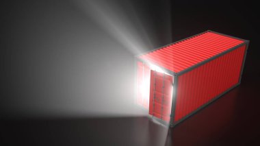 Karanlıktaki kırmızı nakliye konteynırında açık kapıdan gelen ışık ışınları var. 3B illüstrasyon