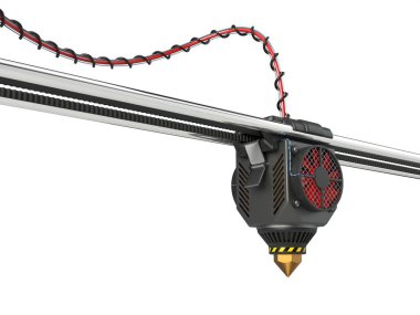 İzole edilmiş arka planda soğutuculu 3D yazıcı başı. 3D baskı teknolojileri ve alfabe temaları için uygun. 3d illüstrasyon