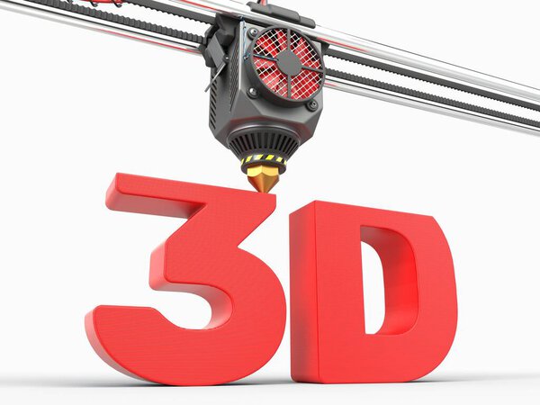 printing of word of 3D under 3D printer head. suitable for 3d printing technologies and alphabet themes. 3d illustration