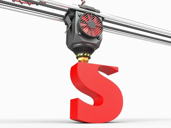 在3D打印机标题下打印字母S 适合3D打印技术和字母表主题 3D说明 — 图库照片