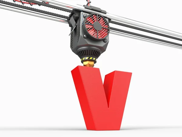 3Dプリンターヘッド下の文字Vの印刷 3Dプリント技術やアルファベットのテーマに適しています 3Dイラスト — ストック写真