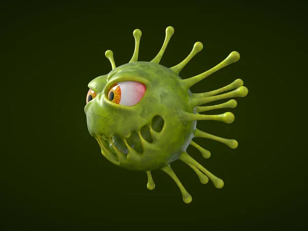 コロナ ウイルスの怪物だ Covid 19やコロナなどのウイルスのテーマに適しています 3Dイラスト 漫画ウイルスキャラクター — ストック写真