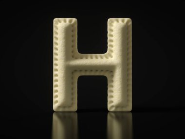 H harfi siyah arka planda hamur köftesi pişirdi. Türkçe, Rusça, İtalyanca, Asyaca ya da diğer ulusal hamur yemeği temaları için uygun. 3B illüstrasyon