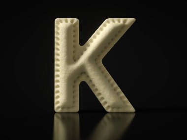 K harfi siyah arka planda hamur tatlısı. Türkçe, Rusça, İtalyanca, Asyaca ya da diğer ulusal hamur yemeği temaları için uygun. 3B illüstrasyon