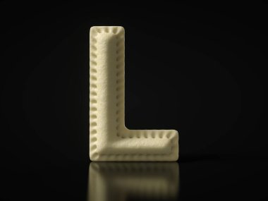 L harfi siyah arka planda hamur köftesi. Türkçe, Rusça, İtalyanca, Asyaca ya da diğer ulusal hamur yemeği temaları için uygun. 3B illüstrasyon